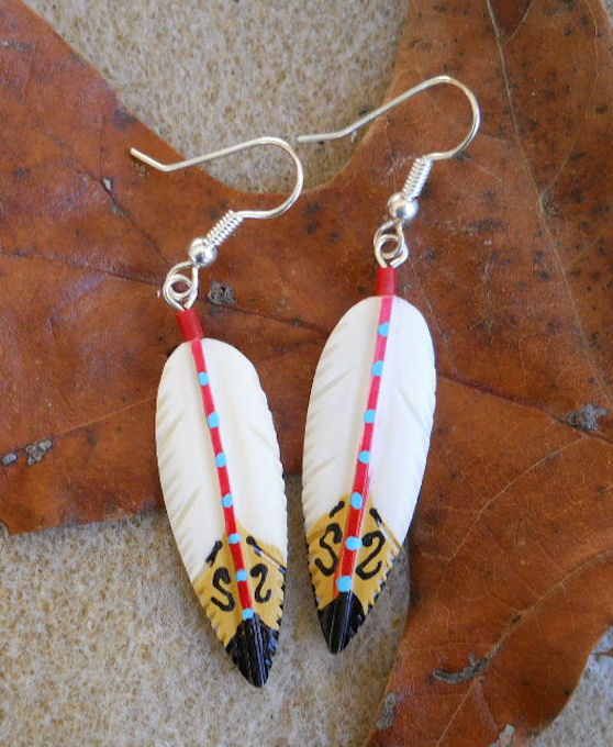 Hand Painted Carved Bone Feather earrings #0520f1