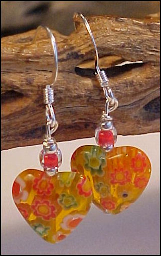 Millefiori Yellow Heart Earrings